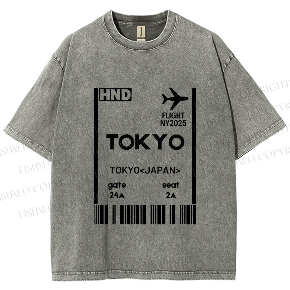 Unisex Tokyo Boarding Card Vintage Printed Washed Tee