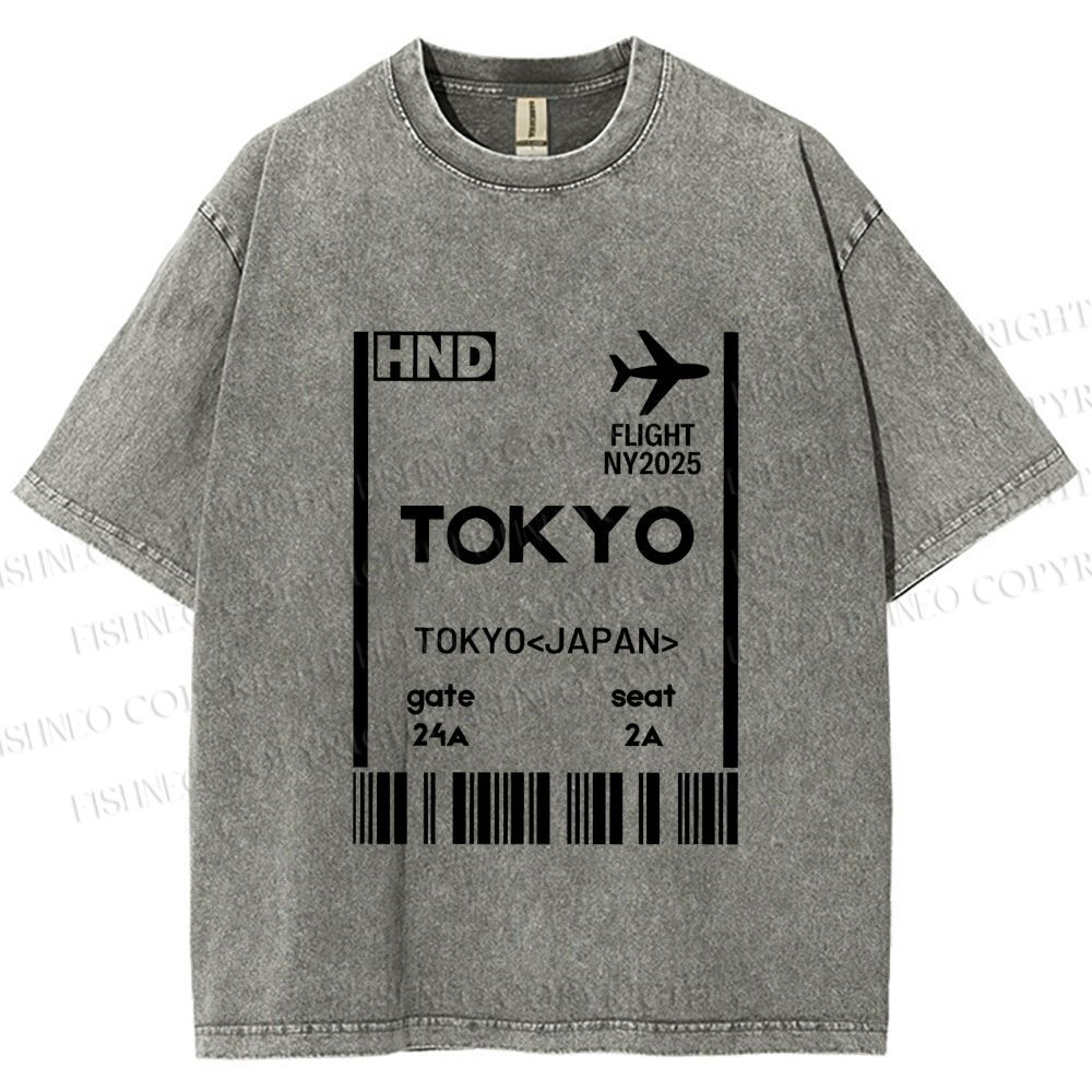 Unisex Tokyo Boarding Card Vintage Printed Washed Tee
