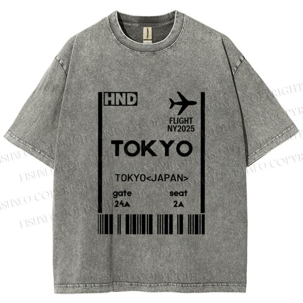 Unisex Tokyo Boarding Card Vintage Printed Washed Tee