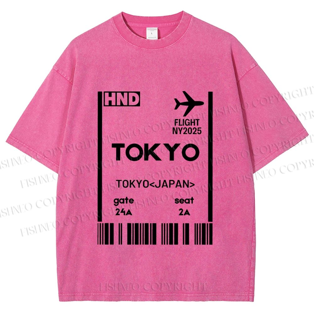 Unisex Tokyo Boarding Card Vintage Printed Washed Tee