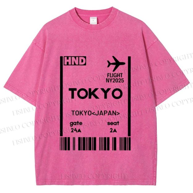 Unisex Tokyo Boarding Card Vintage Printed Washed Tee