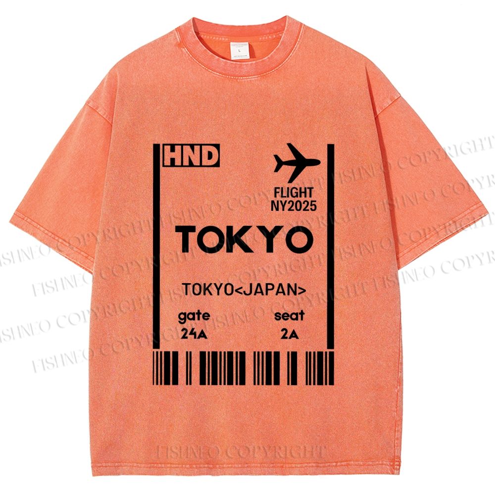 Unisex Tokyo Boarding Card Vintage Printed Washed Tee