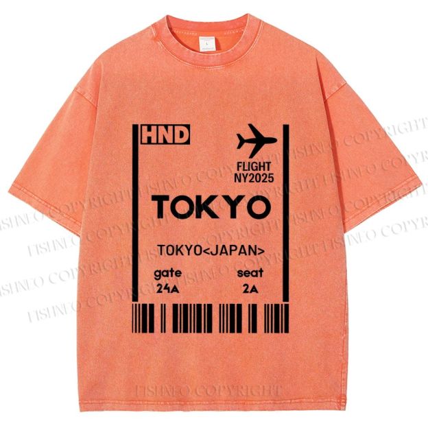 Unisex Tokyo Boarding Card Vintage Printed Washed Tee