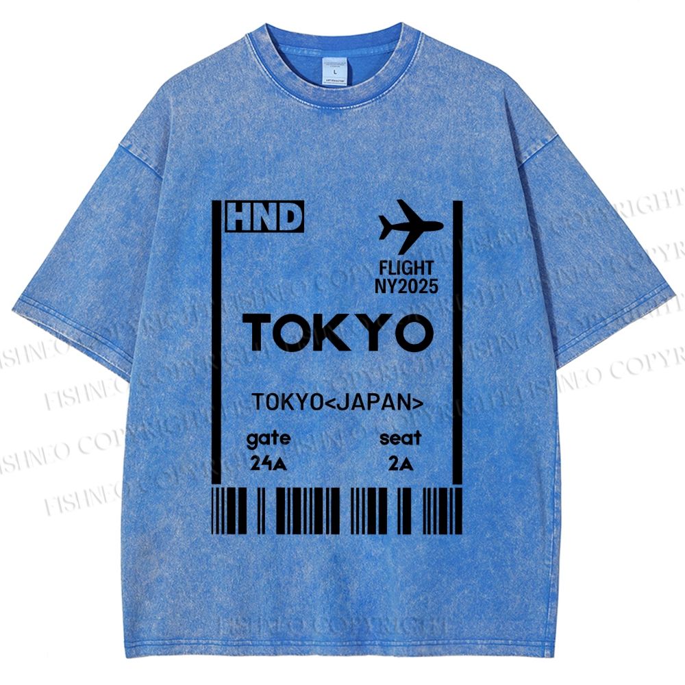 Unisex Tokyo Boarding Card Vintage Printed Washed Tee