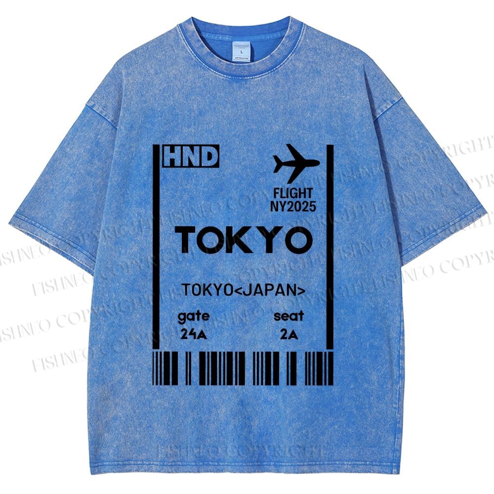 Unisex Tokyo Boarding Card Vintage Printed Washed Tee