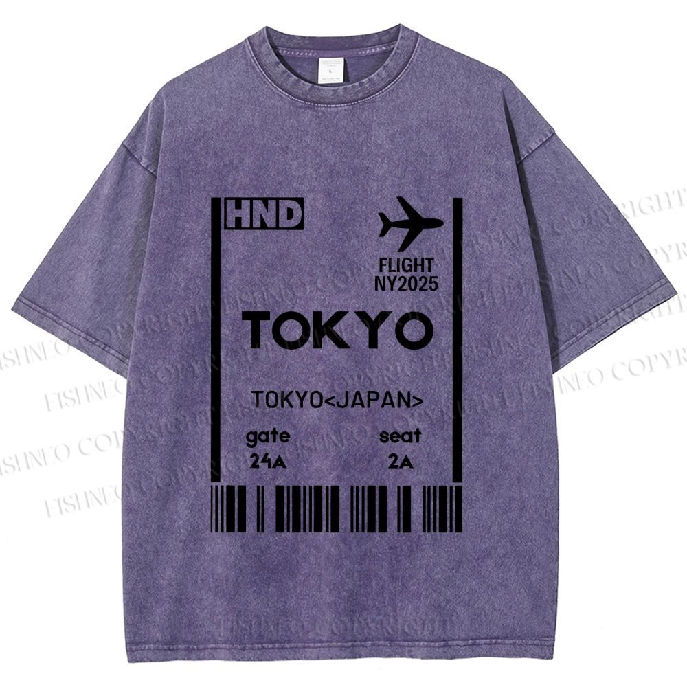 Unisex Tokyo Boarding Card Vintage Printed Washed Tee