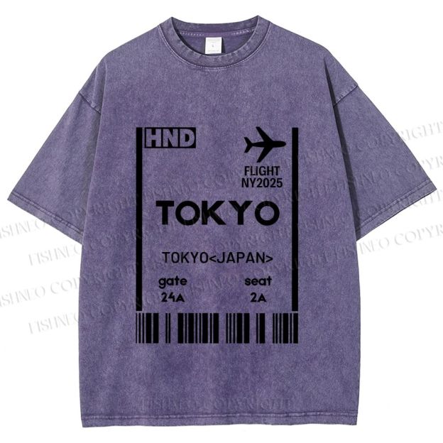 Unisex Tokyo Boarding Card Vintage Printed Washed Tee