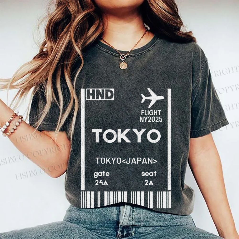 Unisex Tokyo Boarding Card Vintage Printed Washed Tee