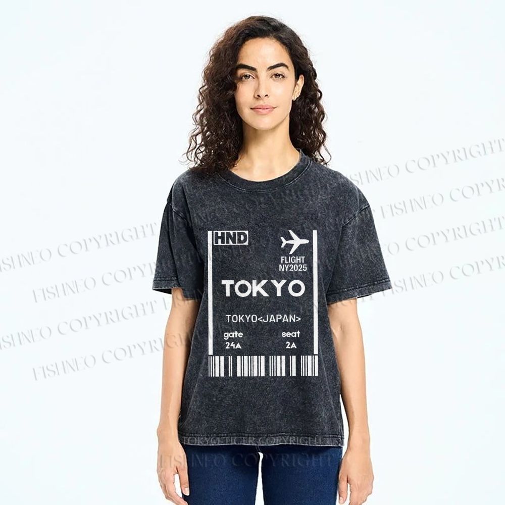 Unisex Tokyo Boarding Card Vintage Printed Washed Tee