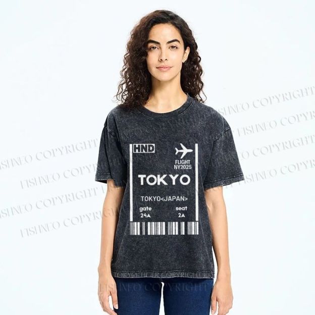 Unisex Tokyo Boarding Card Vintage Printed Washed Tee