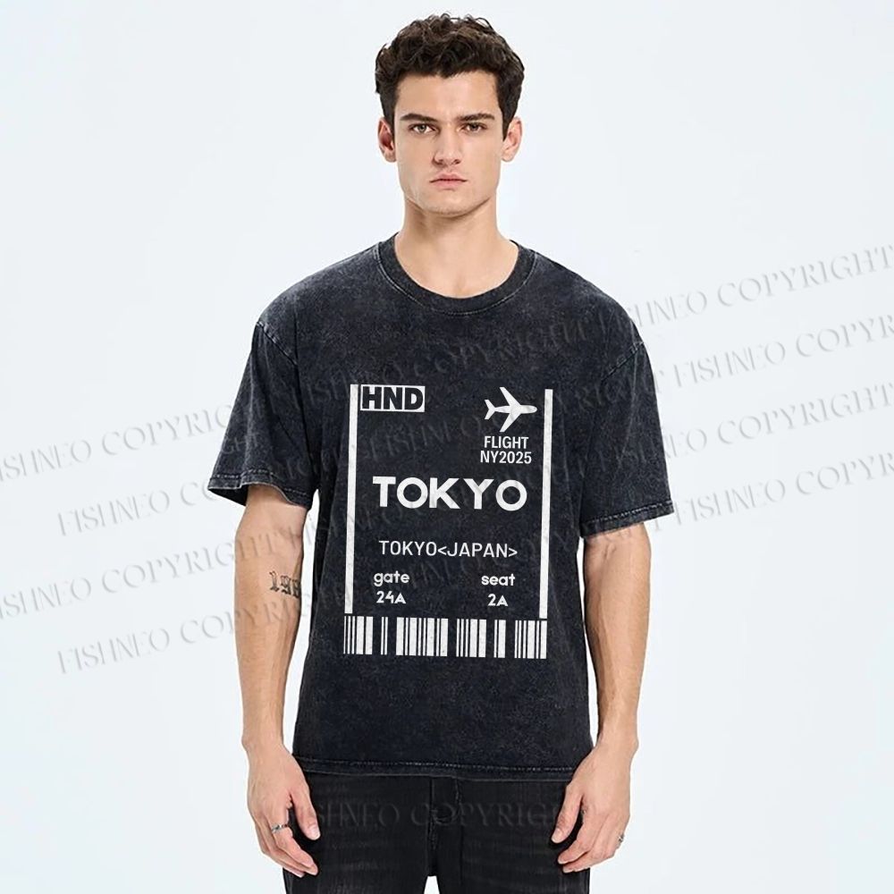 Unisex Tokyo Boarding Card Vintage Printed Washed Tee