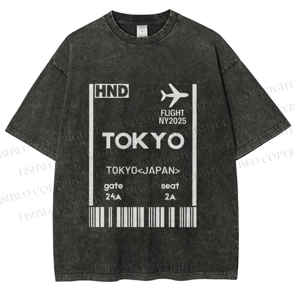 Unisex Tokyo Boarding Card Vintage Printed Washed Tee