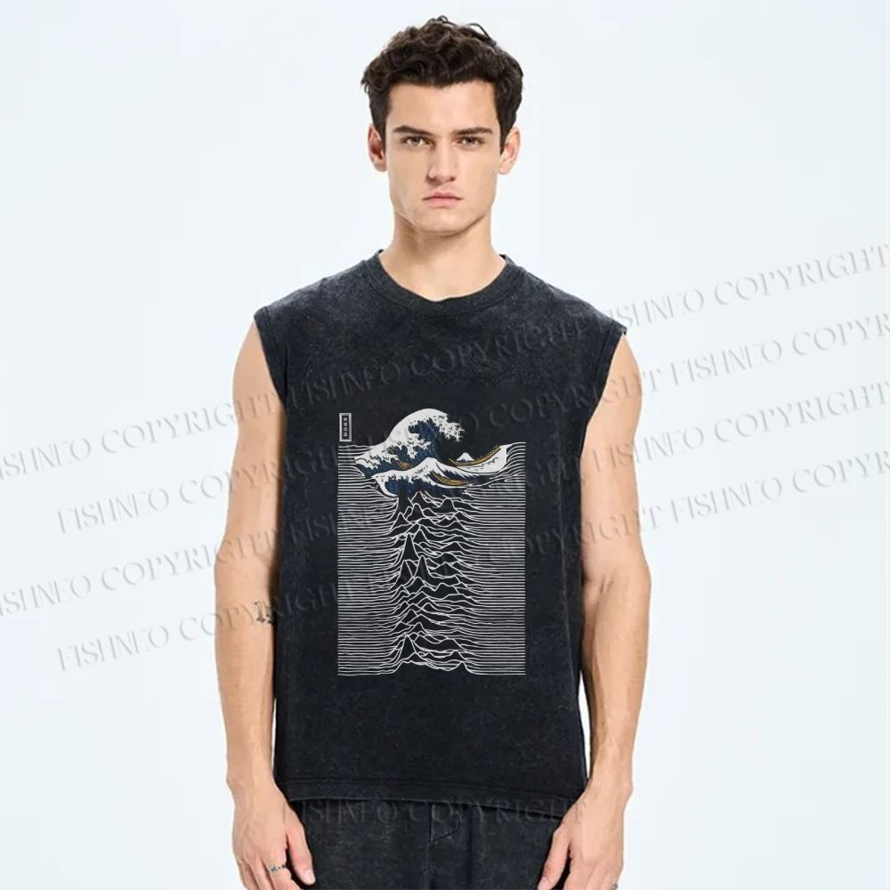 Unisex Great Wave Japanese Style Printed Washed Tank Top