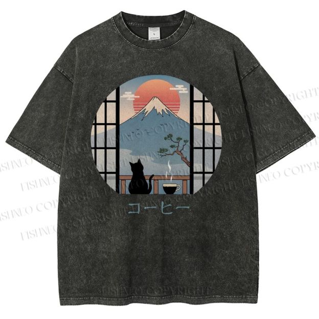 Unisex Mount Fuji Cat Printed Washed Tee