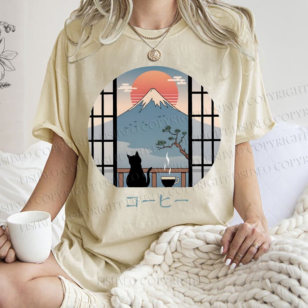 Unisex Mount Fuji Cat Printed Washed Tee