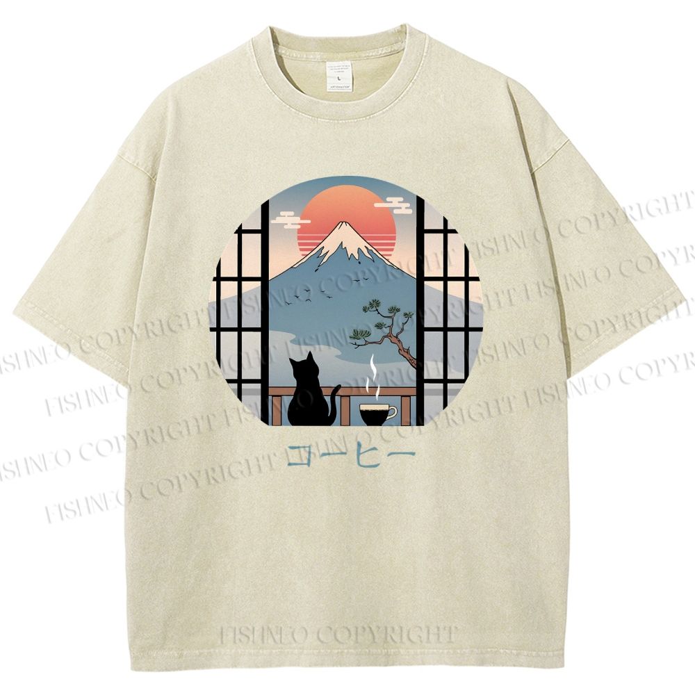Unisex Mount Fuji Cat Printed Washed Tee