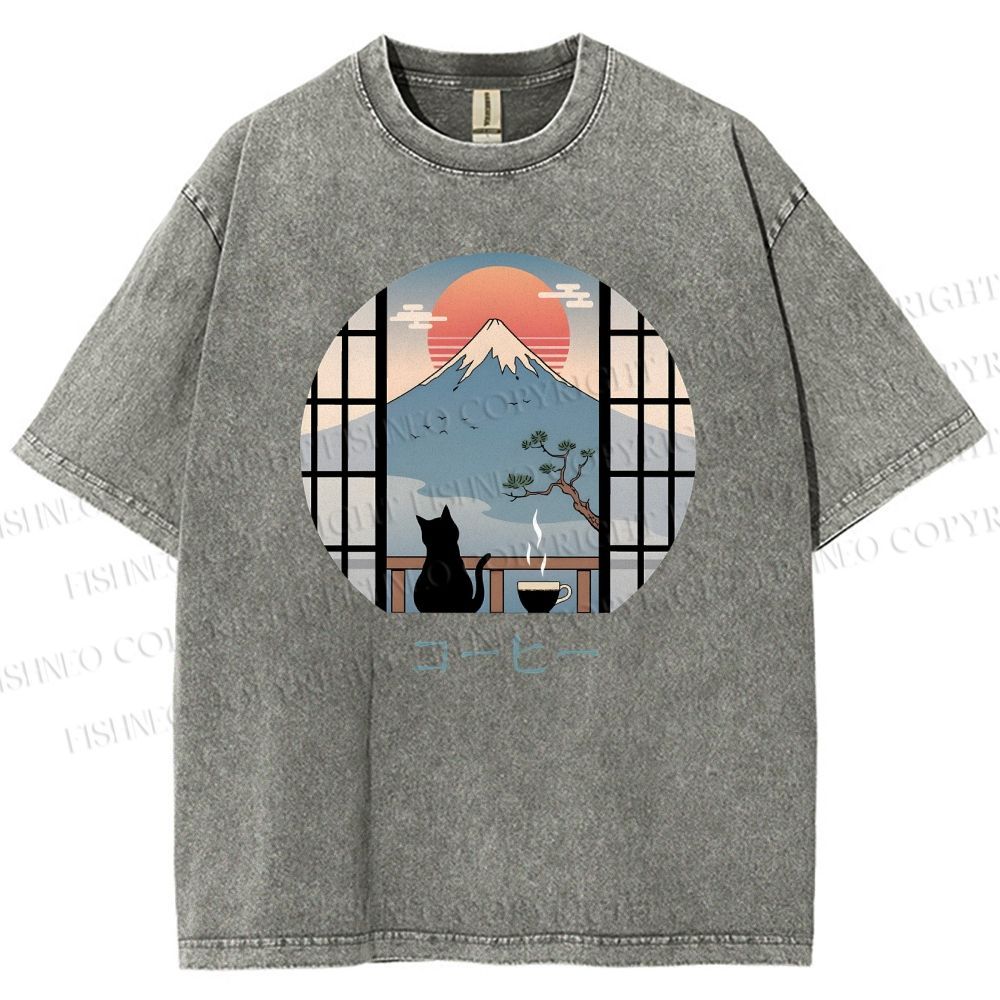 Unisex Mount Fuji Cat Printed Washed Tee