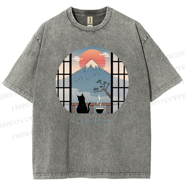 Unisex Mount Fuji Cat Printed Washed Tee
