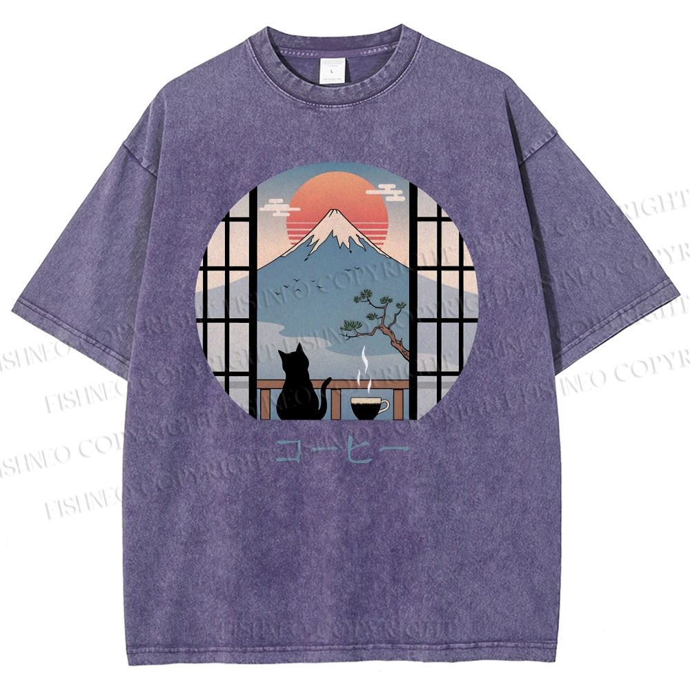 Unisex Mount Fuji Cat Printed Washed Tee