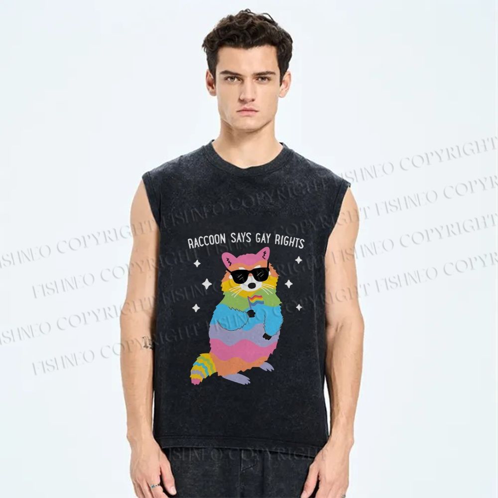 Unisex Pride Raccoon Says Gay Rights Printed Washed Tank Top