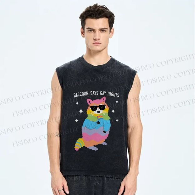 Unisex Pride Raccoon Says Gay Rights Printed Washed Tank Top