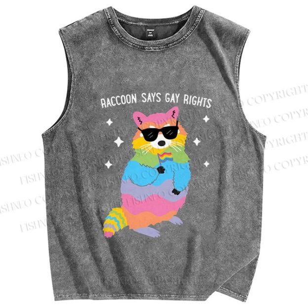 Unisex Pride Raccoon Says Gay Rights Printed Washed Tank Top