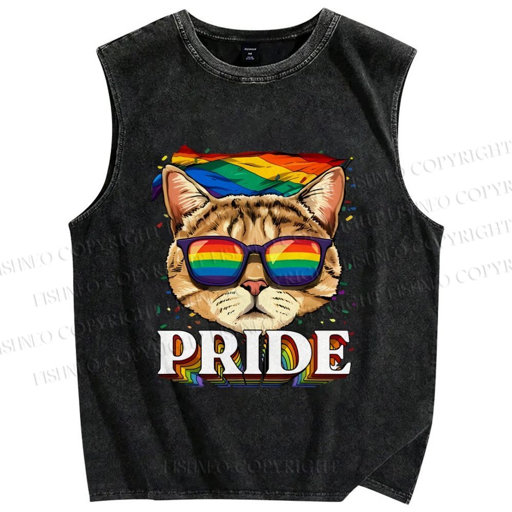 Unisex Pride Cat With Pride Flag Printed Washed Tank Top