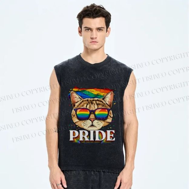 Unisex Pride Cat With Pride Flag Printed Washed Tank Top