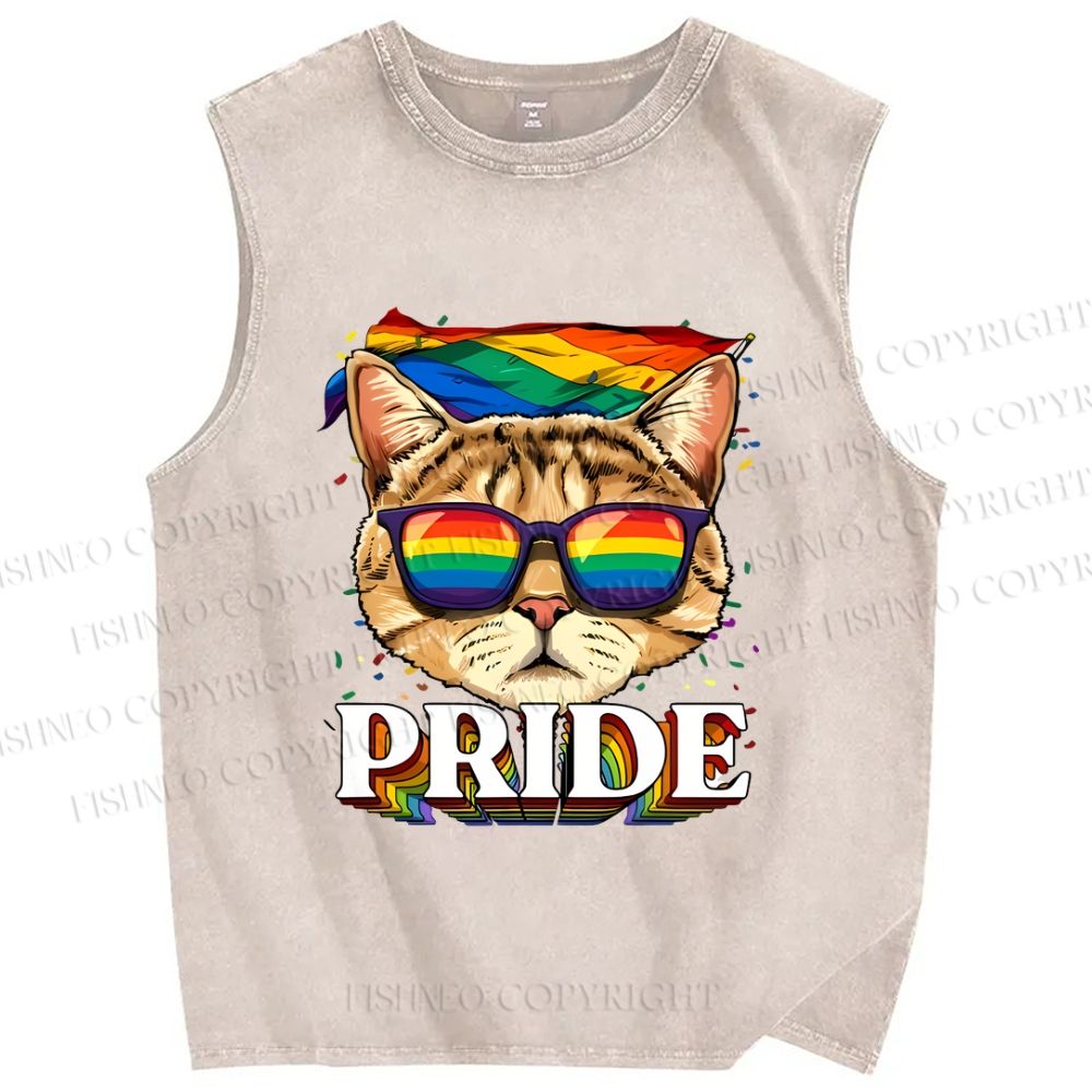 Unisex Pride Cat With Pride Flag Printed Washed Tank Top