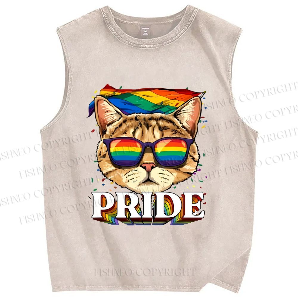 Unisex Pride Cat With Pride Flag Printed Washed Tank Top