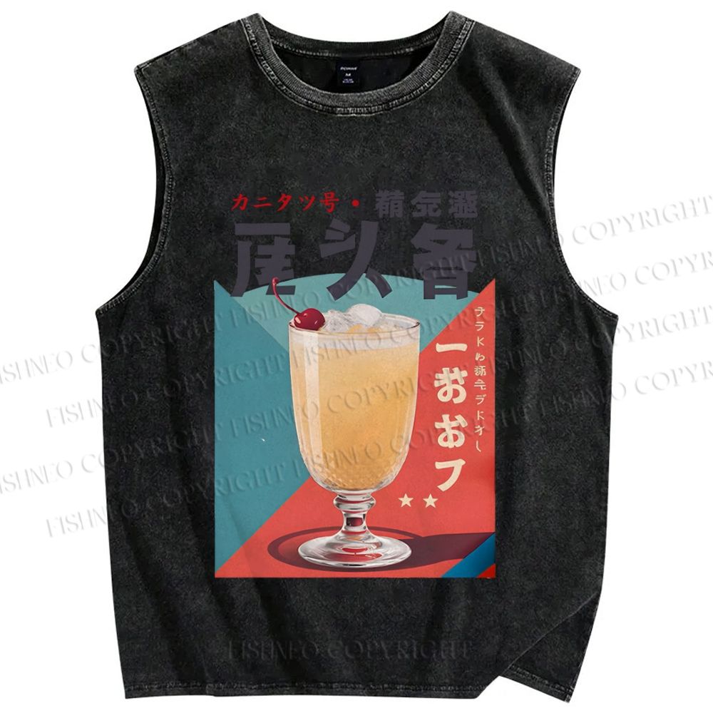 Unisex Japanese Drink Graffiti Printed Washed Tank Top