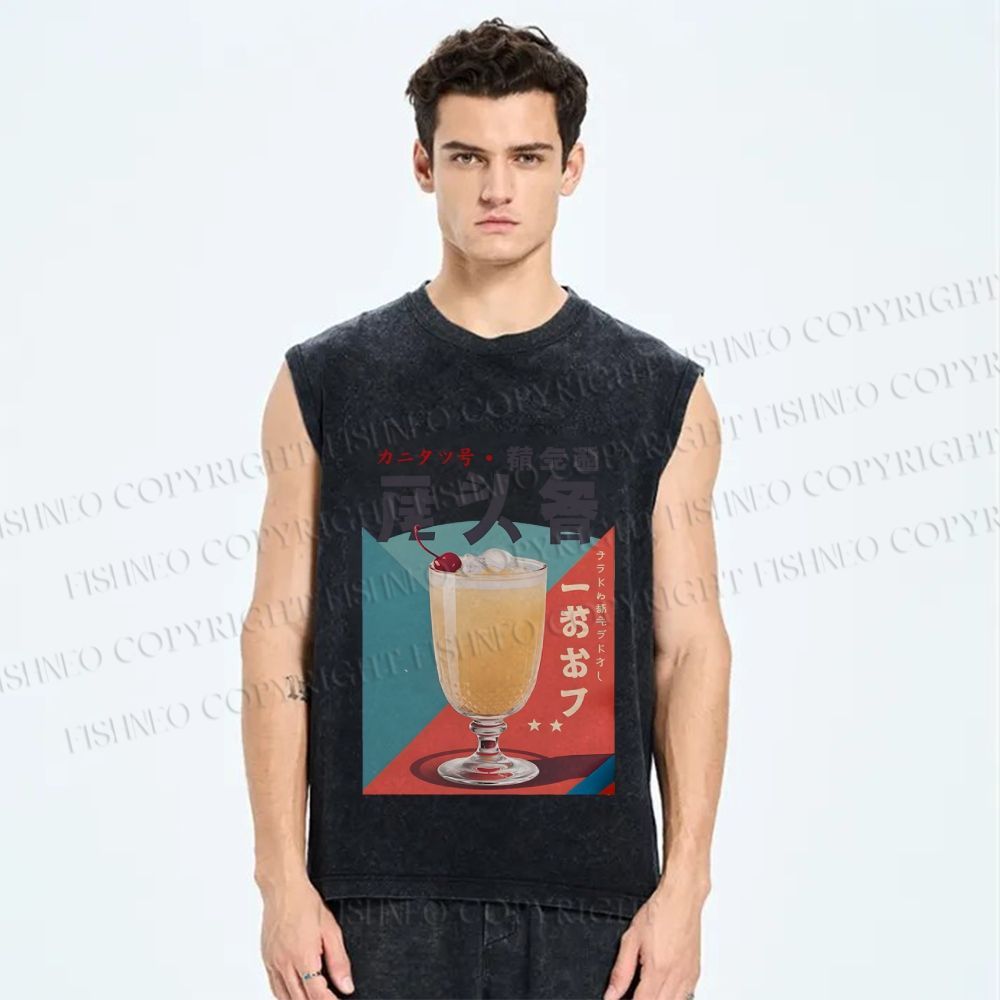Unisex Japanese Drink Graffiti Printed Washed Tank Top