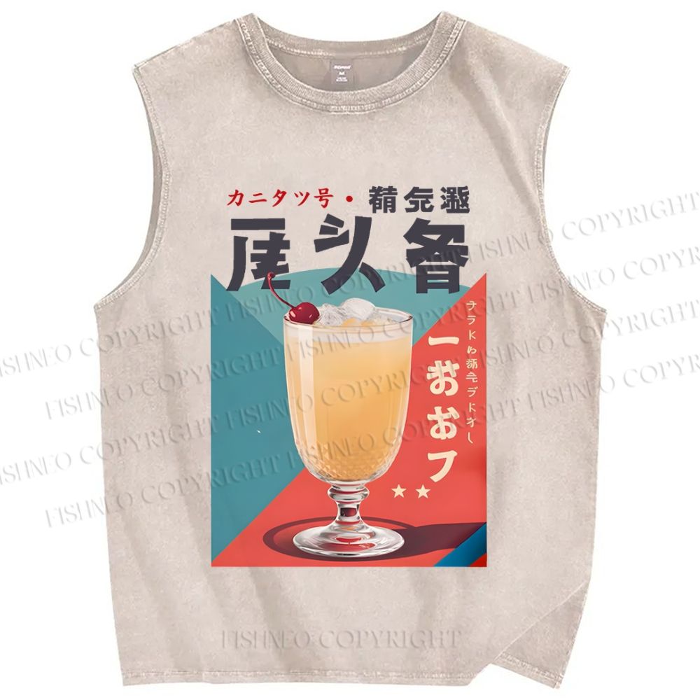 Unisex Japanese Drink Graffiti Printed Washed Tank Top