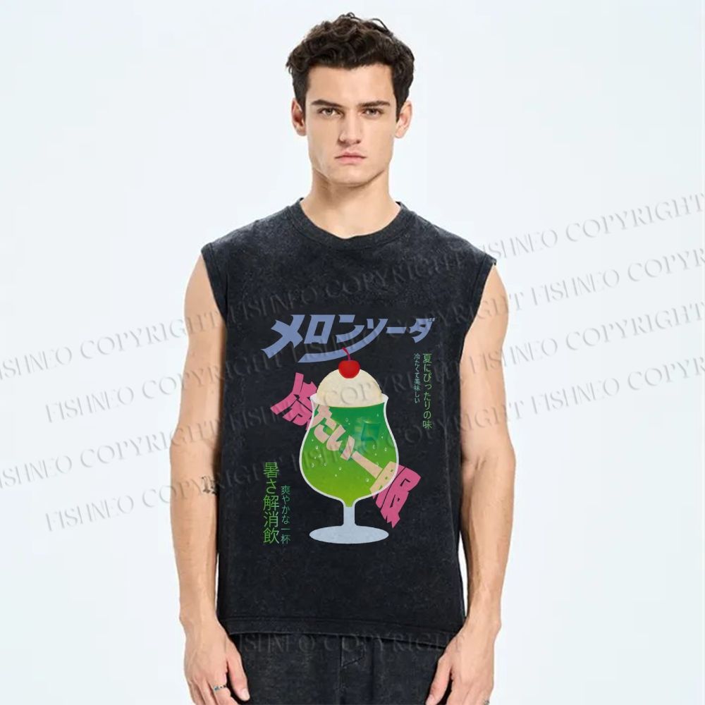 Unisex Japanese Drink Graffiti Printed Washed Tank Top