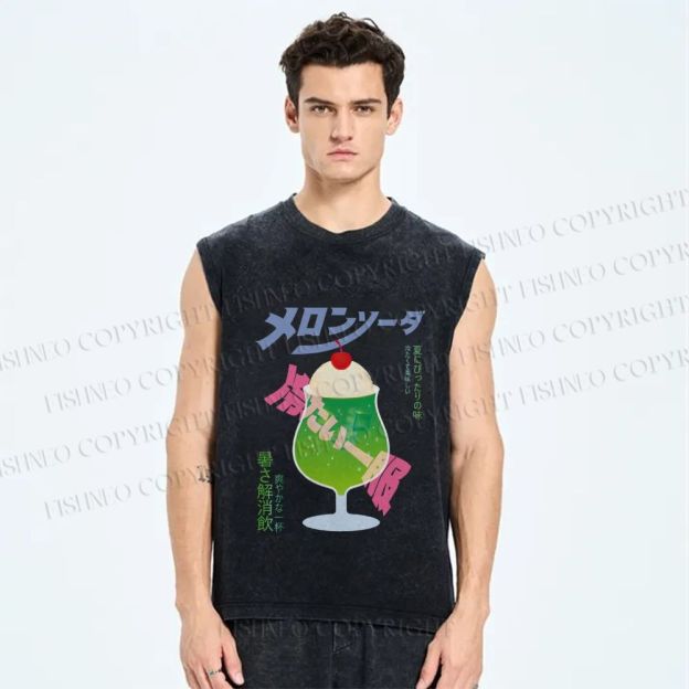 Unisex Japanese Drink Graffiti Printed Washed Tank Top