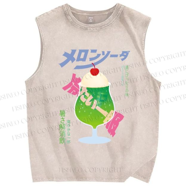 Unisex Japanese Drink Graffiti Printed Washed Tank Top