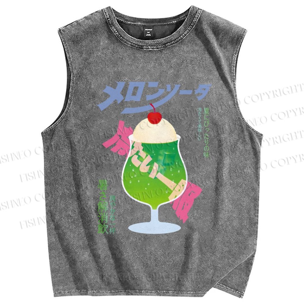 Unisex Japanese Drink Graffiti Printed Washed Tank Top
