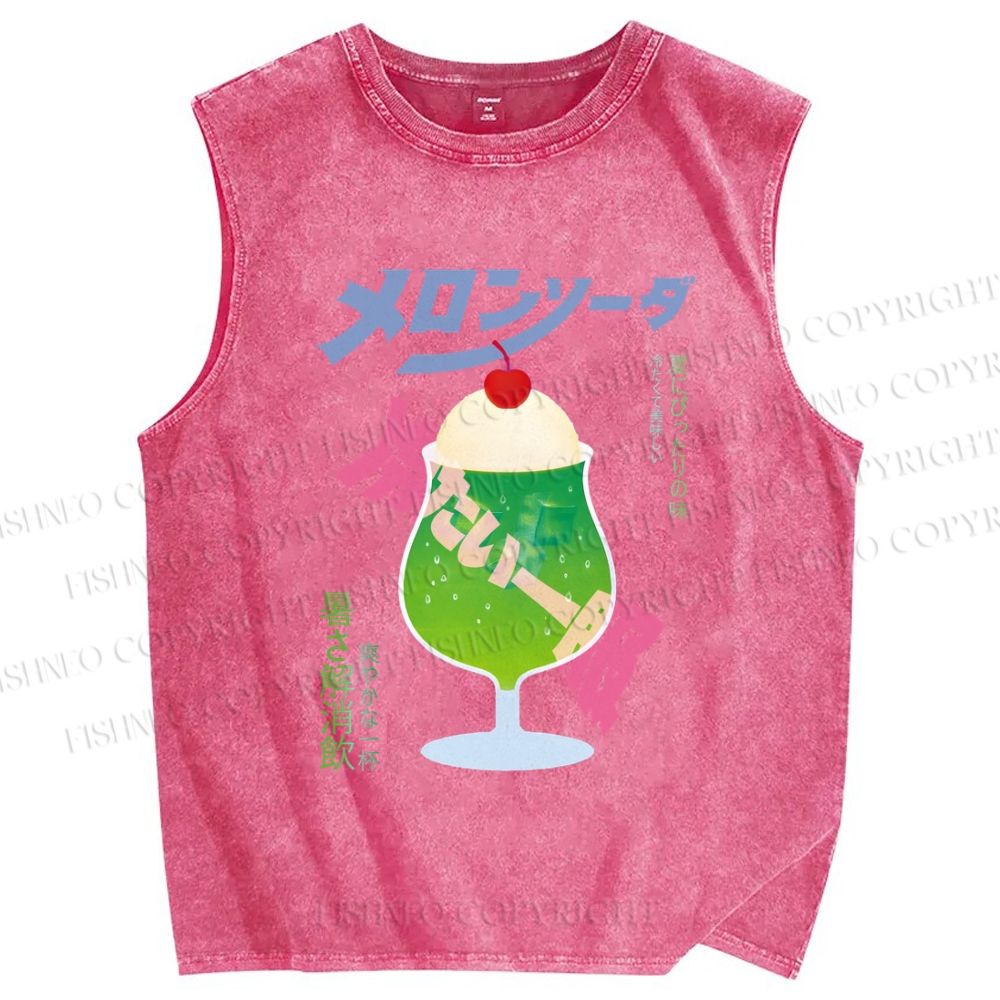 Unisex Japanese Drink Graffiti Printed Washed Tank Top