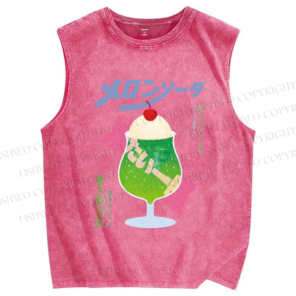 Unisex Japanese Drink Graffiti Printed Washed Tank Top