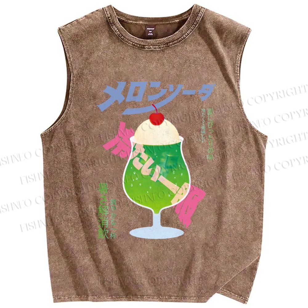 Unisex Japanese Drink Graffiti Printed Washed Tank Top