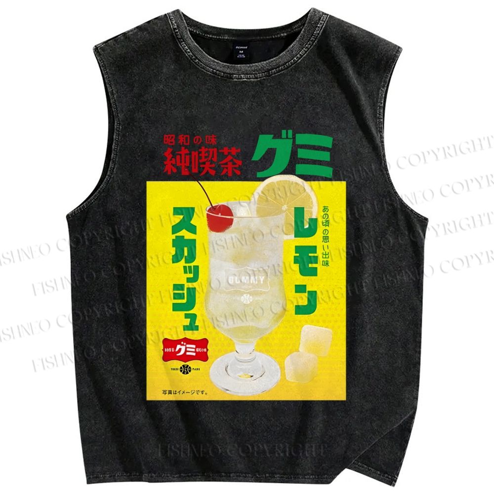Unisex Japanese Drink Graffiti Printed Washed Tank Top