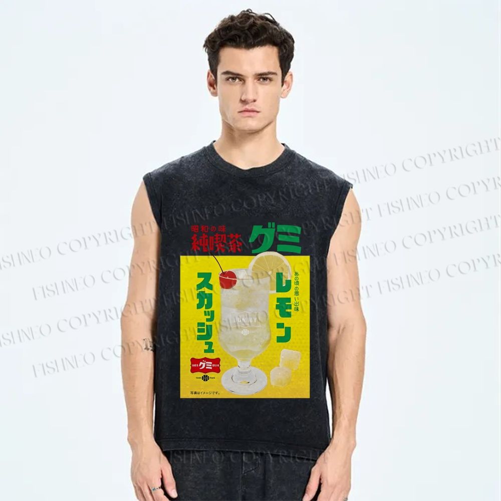 Unisex Japanese Drink Graffiti Printed Washed Tank Top