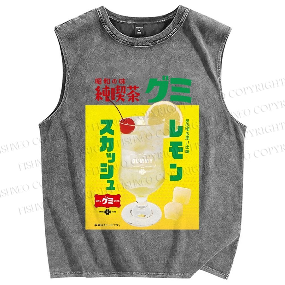 Unisex Japanese Drink Graffiti Printed Washed Tank Top