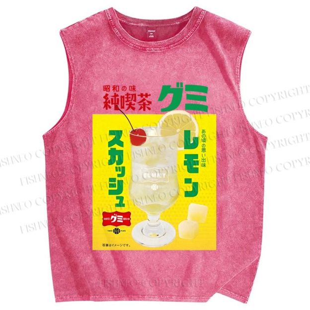 Unisex Japanese Drink Graffiti Printed Washed Tank Top