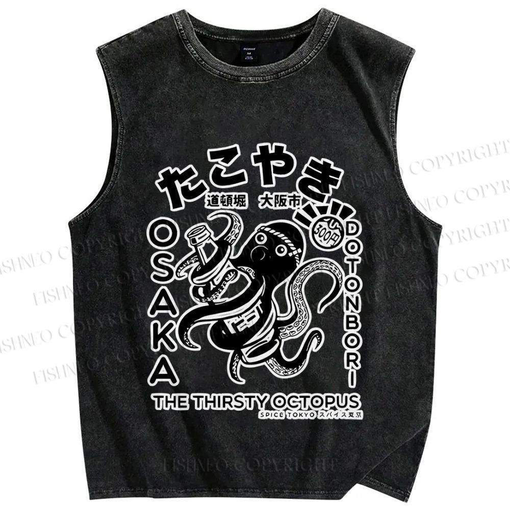 Unisex Osaka Thirsty Octopus Printed Washed Tank Top