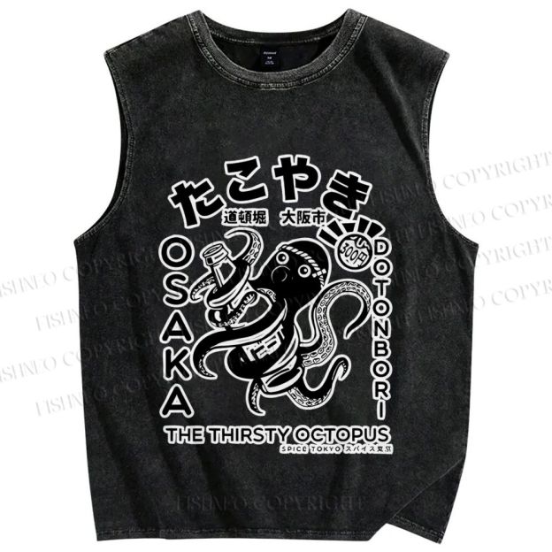 Unisex Osaka Thirsty Octopus Printed Washed Tank Top