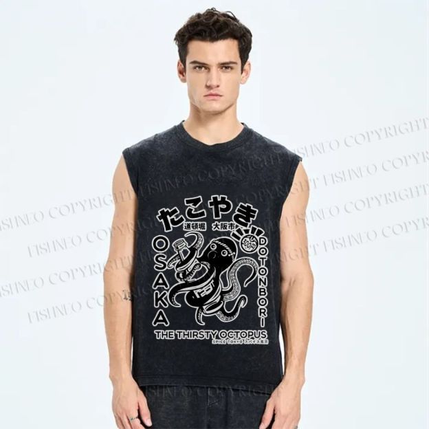 Unisex Osaka Thirsty Octopus Printed Washed Tank Top