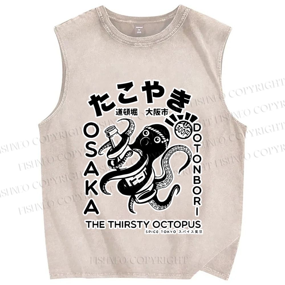 Unisex Osaka Thirsty Octopus Printed Washed Tank Top