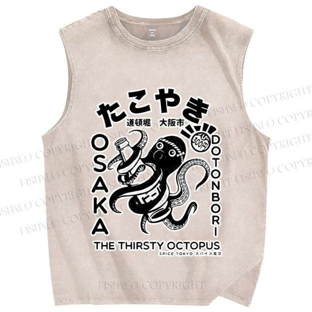 Unisex Osaka Thirsty Octopus Printed Washed Tank Top