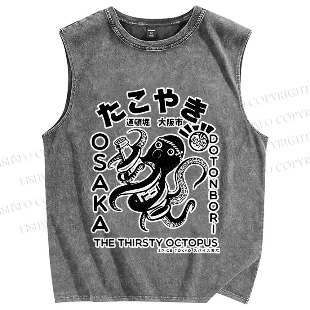 Unisex Osaka Thirsty Octopus Printed Washed Tank Top